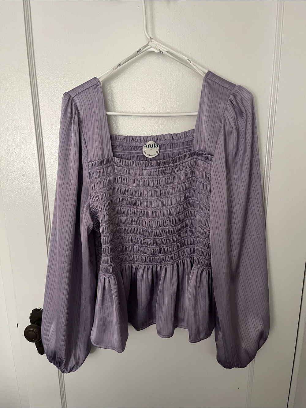 ARULA Lavender Smocked Square-Neck Peplum Blouse